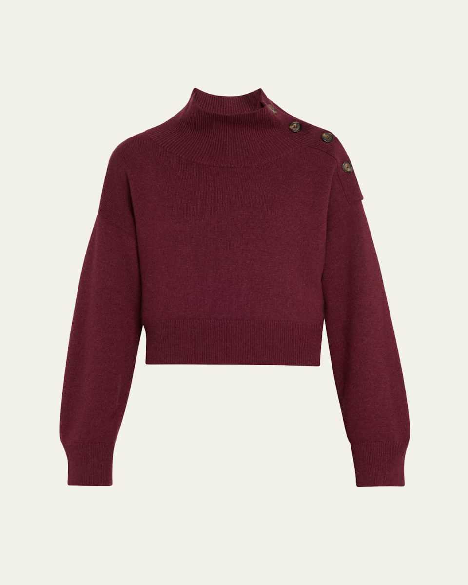 Turtleneck Button-Shoulder Cashmere Crop Sweat